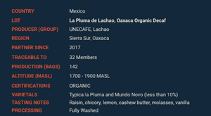 Mexican La Pluma de Lachao, Oaxaca Organic Decaf MWP