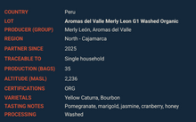Load image into Gallery viewer, Peru Aromas del Valle Merly Leon G1 Washed Organic