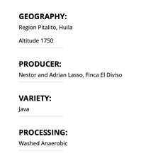 Load image into Gallery viewer, Colombia Finca El Diviso Java Washed Anaerobic Finca El Diviso, led by Nestor Lasso (GREEN)